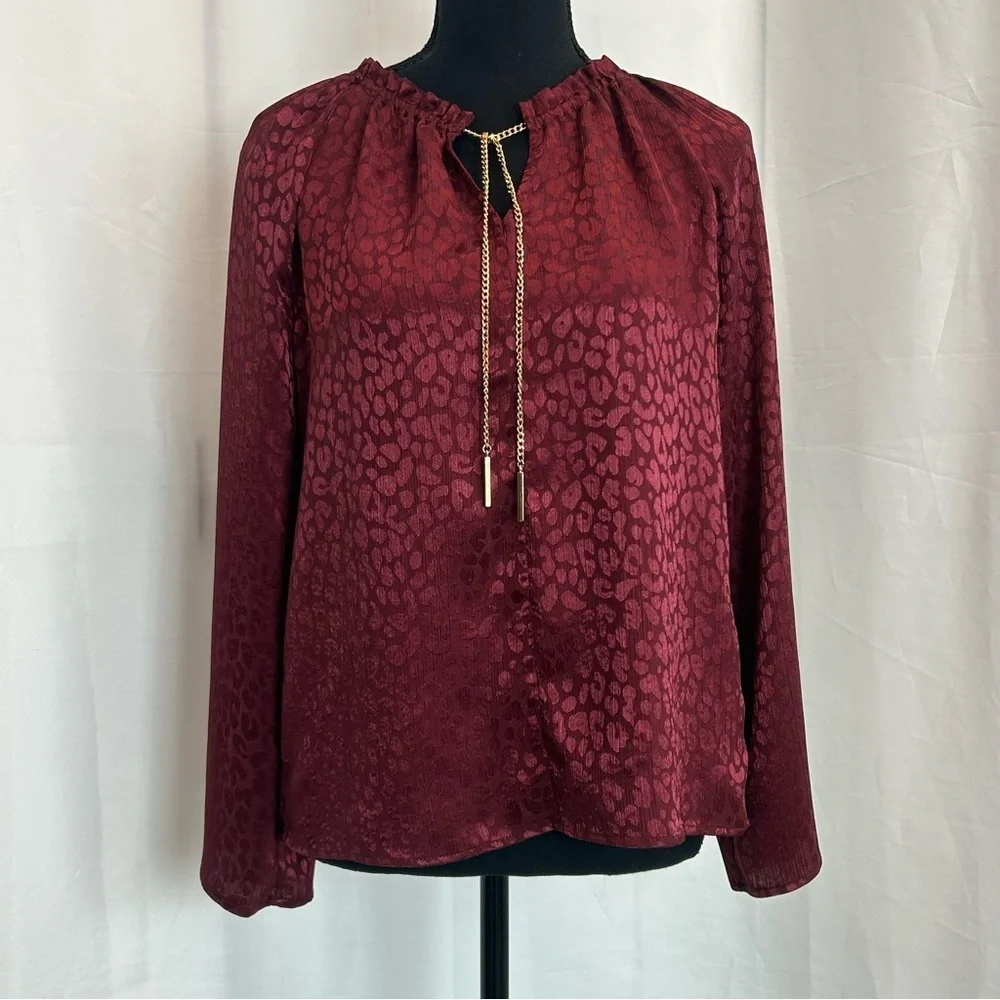 Michael Michael Kors red burgundy leopard cheetah print gold tone chain blouse - Picture 11 of 11